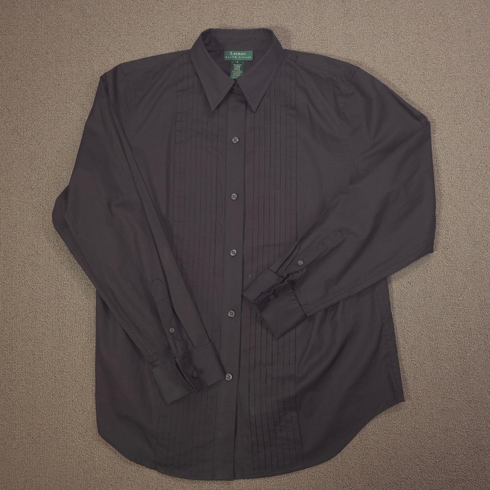 Lauren Ralph Lauren Womens Black Pleated Tuxedo Bib Button Down Shirt Large